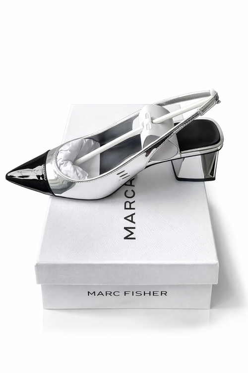 Marc Fisher silver slingback flats with black pointed toe